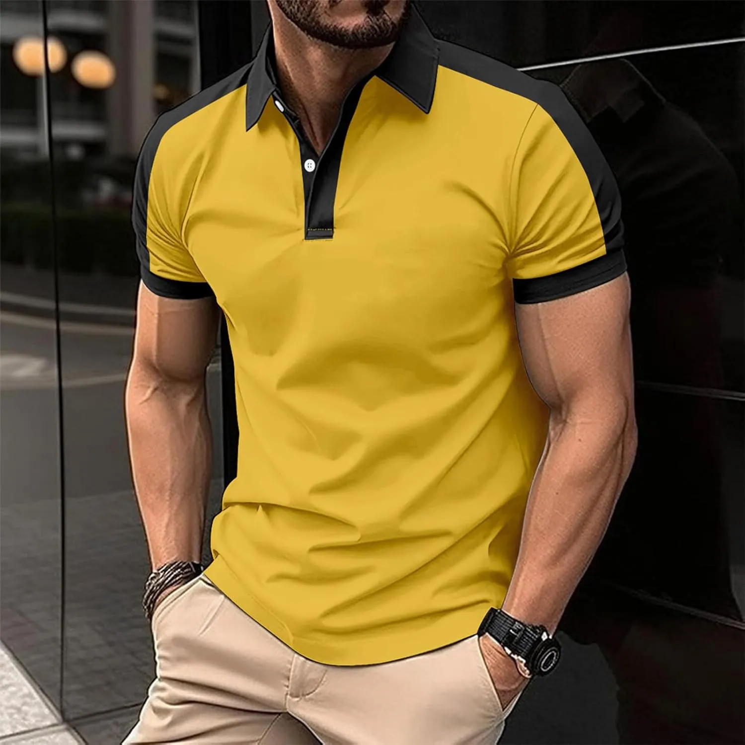 2024 Men's Retro Soft Polo Shirts Solid V Neck Short Sleeve Casual Polo T Shirt Block Slim Fit Golf Shirts with Pocket