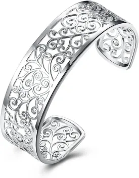 925 Sterling Silver Bangle Cuff Bracelets For Women, Hollow Open Bangle Bracelet Jewelry For Women (Silver)