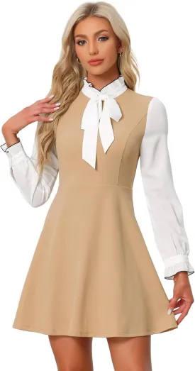 Allegra K Tie Neck Dresses for Women's 1960s Vintage Long Sleeve Contrast Color Dress