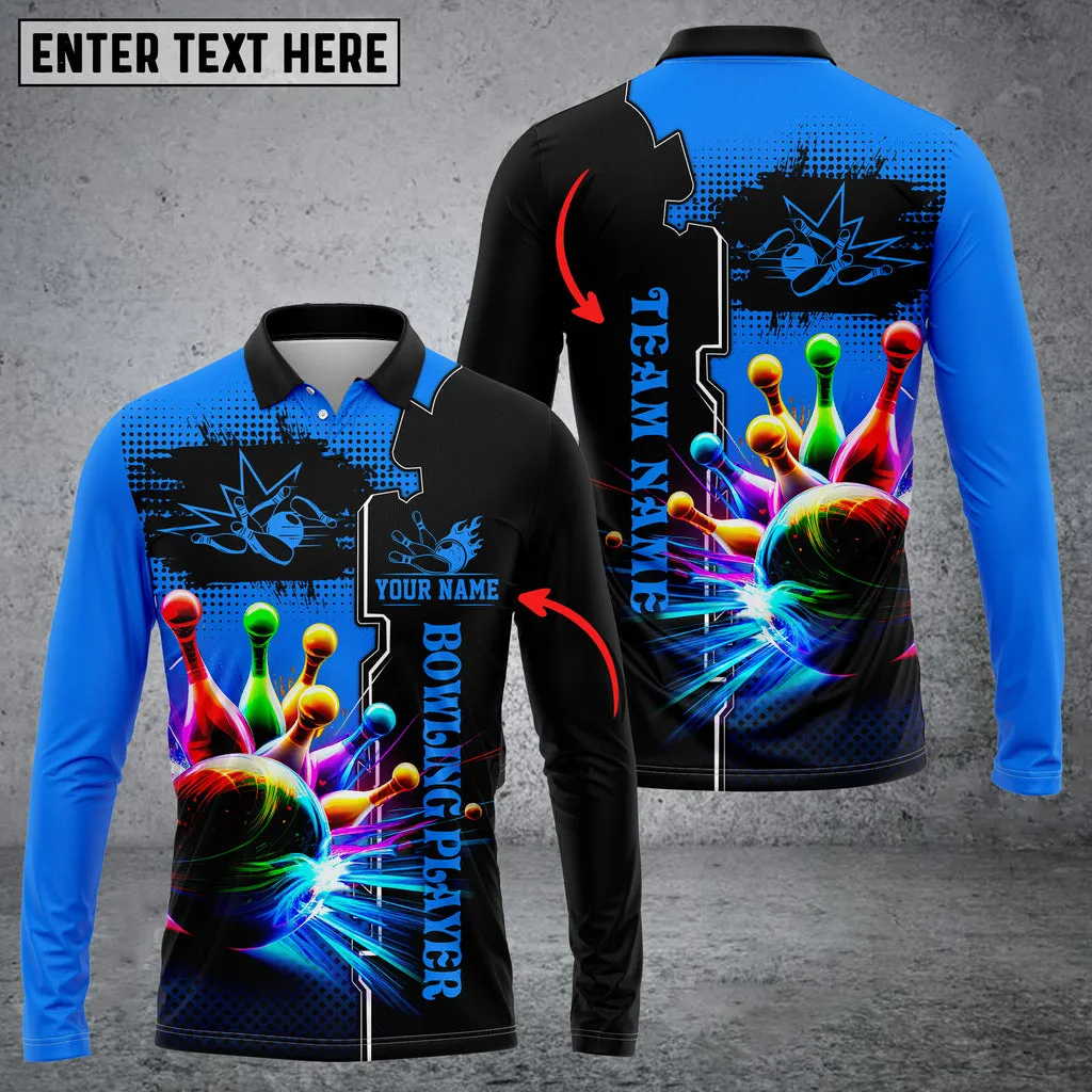 Bowling And Pins Premium Multicolor Option Customized Name Long Sleeve Polo Shirt, Idea Gift for Men