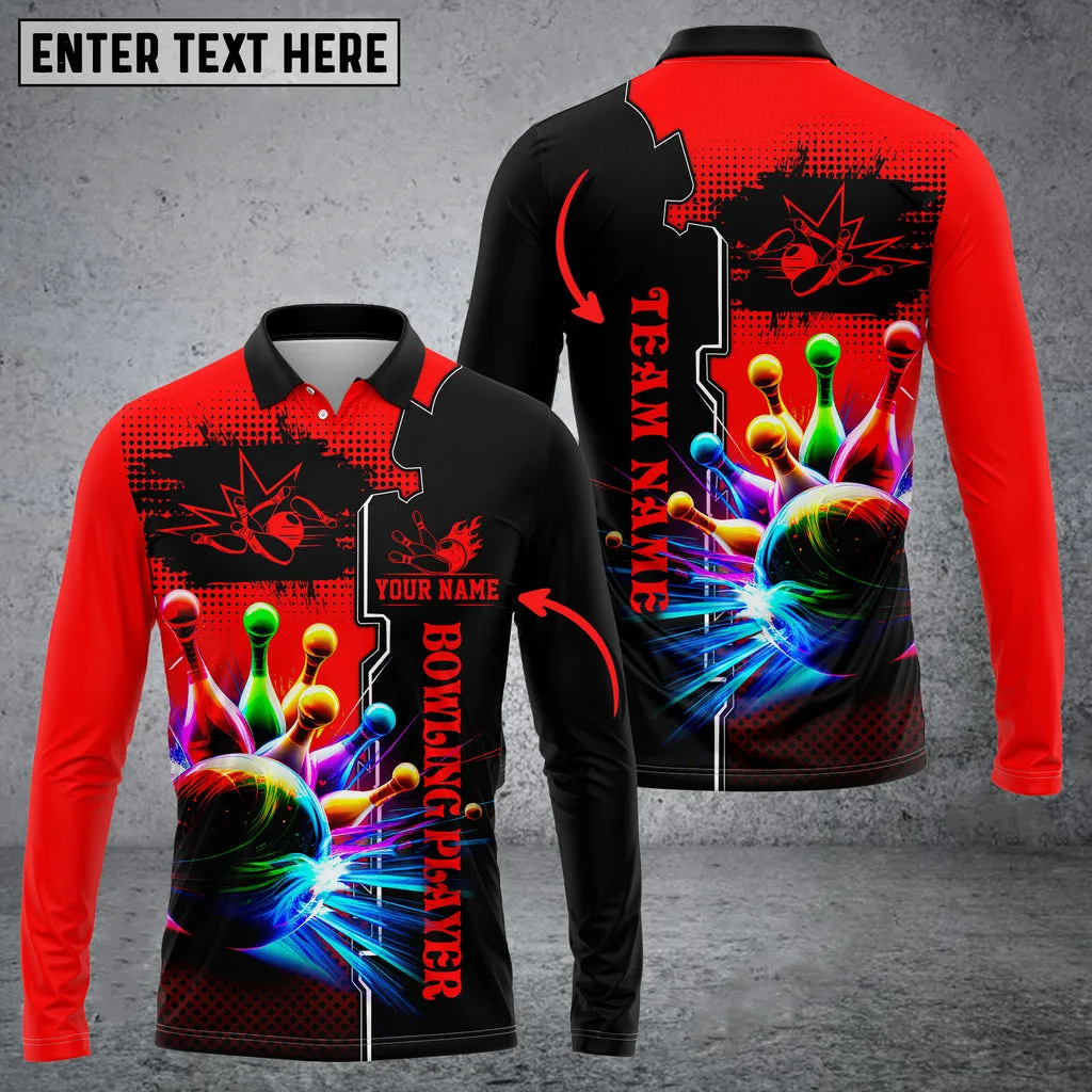 Bowling And Pins Premium Multicolor Option Customized Name Long Sleeve Polo Shirt, Idea Gift for Men