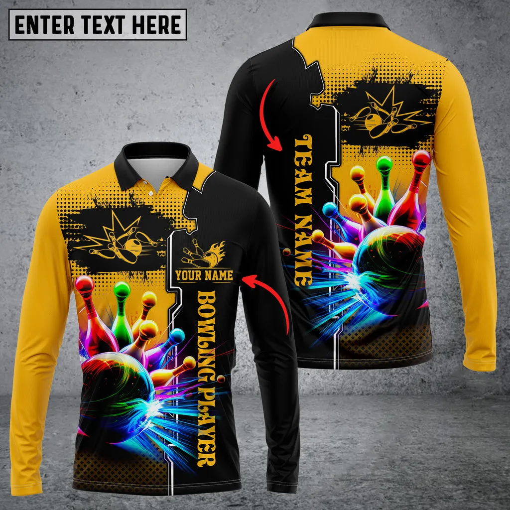 Bowling And Pins Premium Multicolor Option Customized Name Long Sleeve Polo Shirt, Idea Gift for Men