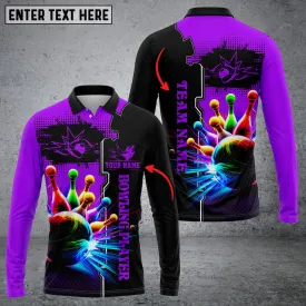 Bowling And Pins Premium Multicolor Option Customized Name Long Sleeve Polo Shirt, Idea Gift for Men