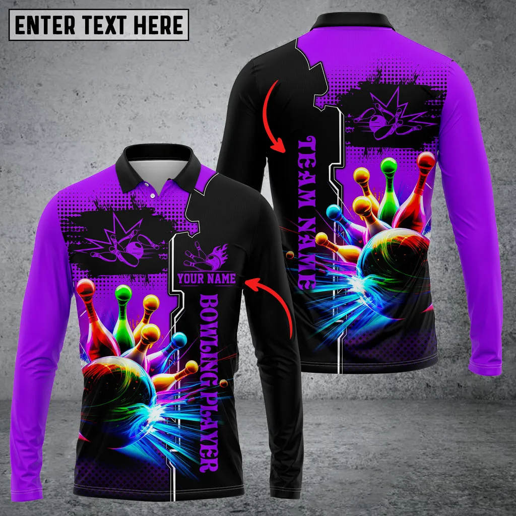 Bowling And Pins Premium Multicolor Option Customized Name Long Sleeve Polo Shirt, Idea Gift for Men