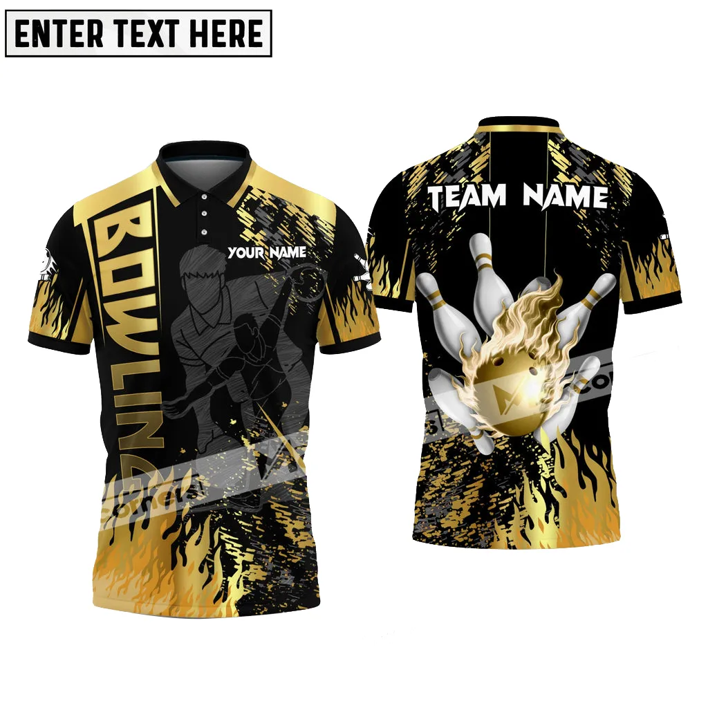 Bowling Ball & Pins Flame Bowling Player Jersey Multicolor Option Customized Name, Team Name 3D Polo Shirt