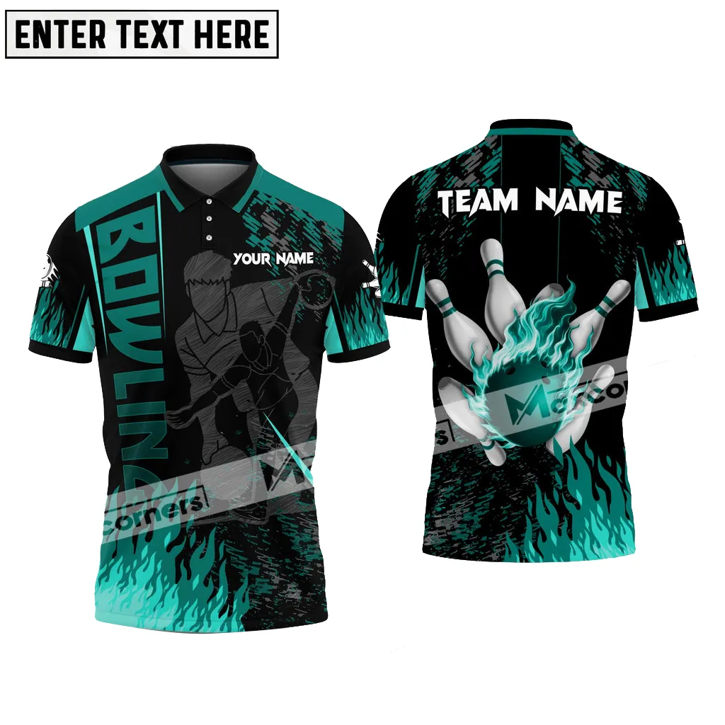 Bowling Ball & Pins Flame Bowling Player Jersey Multicolor Option Customized Name, Team Name 3D Polo Shirt