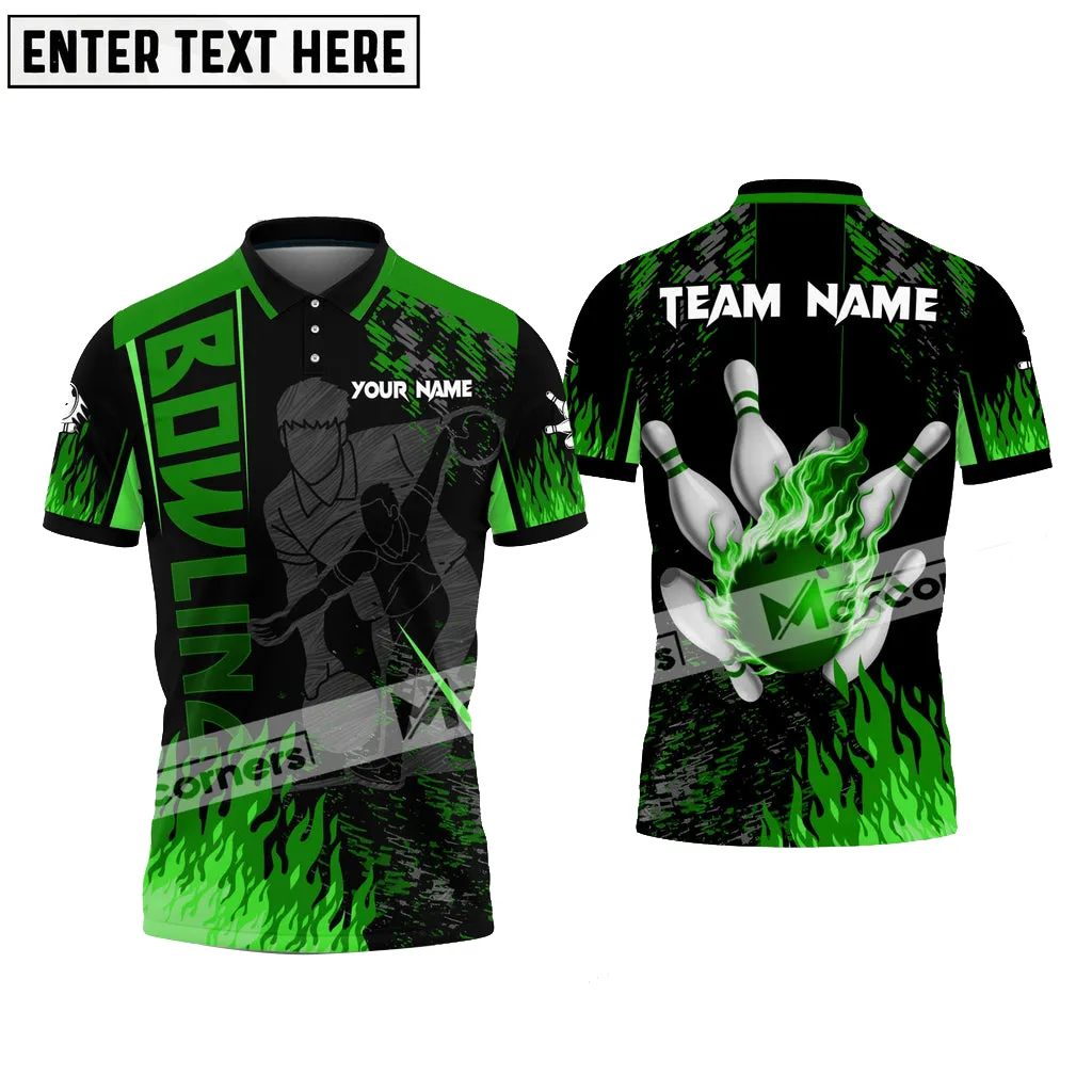 Bowling Ball & Pins Flame Bowling Player Jersey Multicolor Option Customized Name, Team Name 3D Polo Shirt