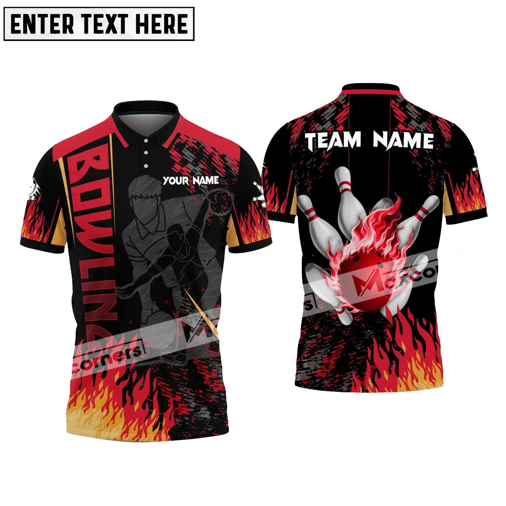 Bowling Ball & Pins Flame Bowling Player Jersey Multicolor Option Customized Name, Team Name 3D Polo Shirt