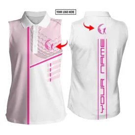 Custom Logo Golf Club Custom Name And Logo Pink & White Women's Sleeveless Polo Shirt Personalized Golf Gift Coolspod