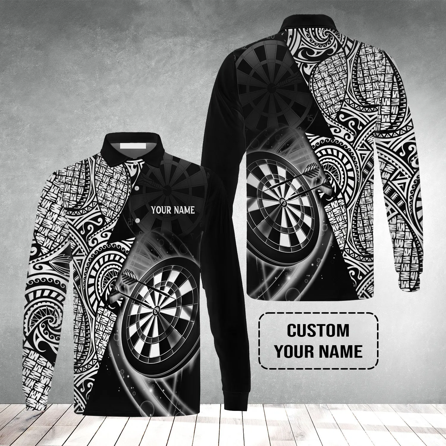 Customized Darts Men's Long Sleeve Polo Shirt, Black & White Tattoo Darts, Gift for Dart Lovers