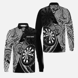Customized Darts Men's Long Sleeve Polo Shirt, Black & White Tattoo Darts, Gift for Dart Lovers