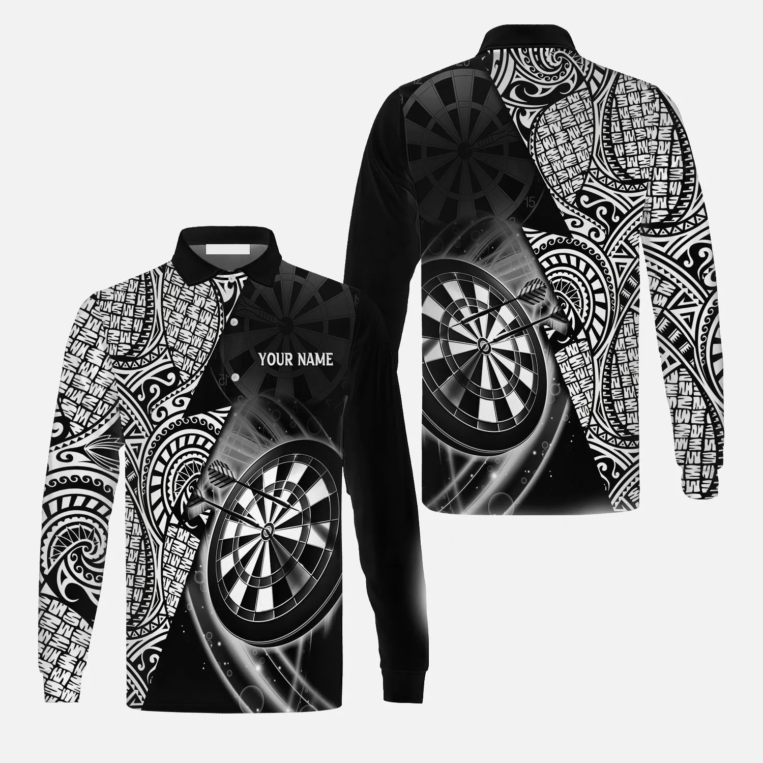 Customized Darts Men's Long Sleeve Polo Shirt, Black & White Tattoo Darts, Gift for Dart Lovers