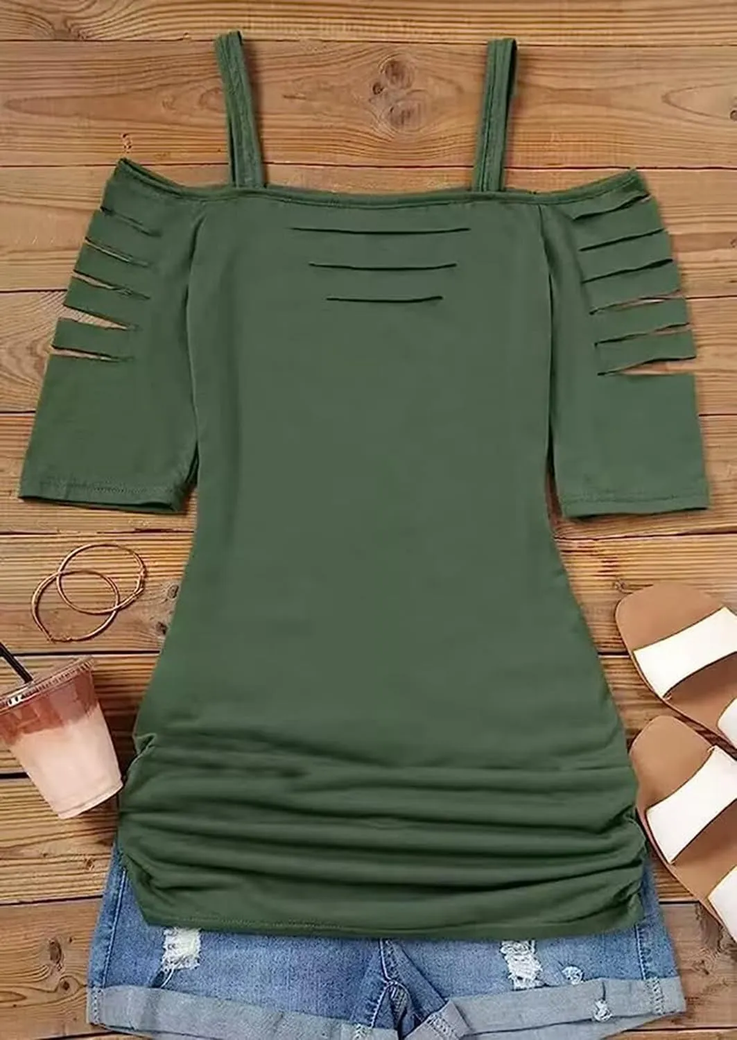 Cut Out Cold Shoulder Square Collar Shirt Women Lacerated 3/4 Sleeve Blouse Cut Out Sexy Hollow Out Casual Tee Tops