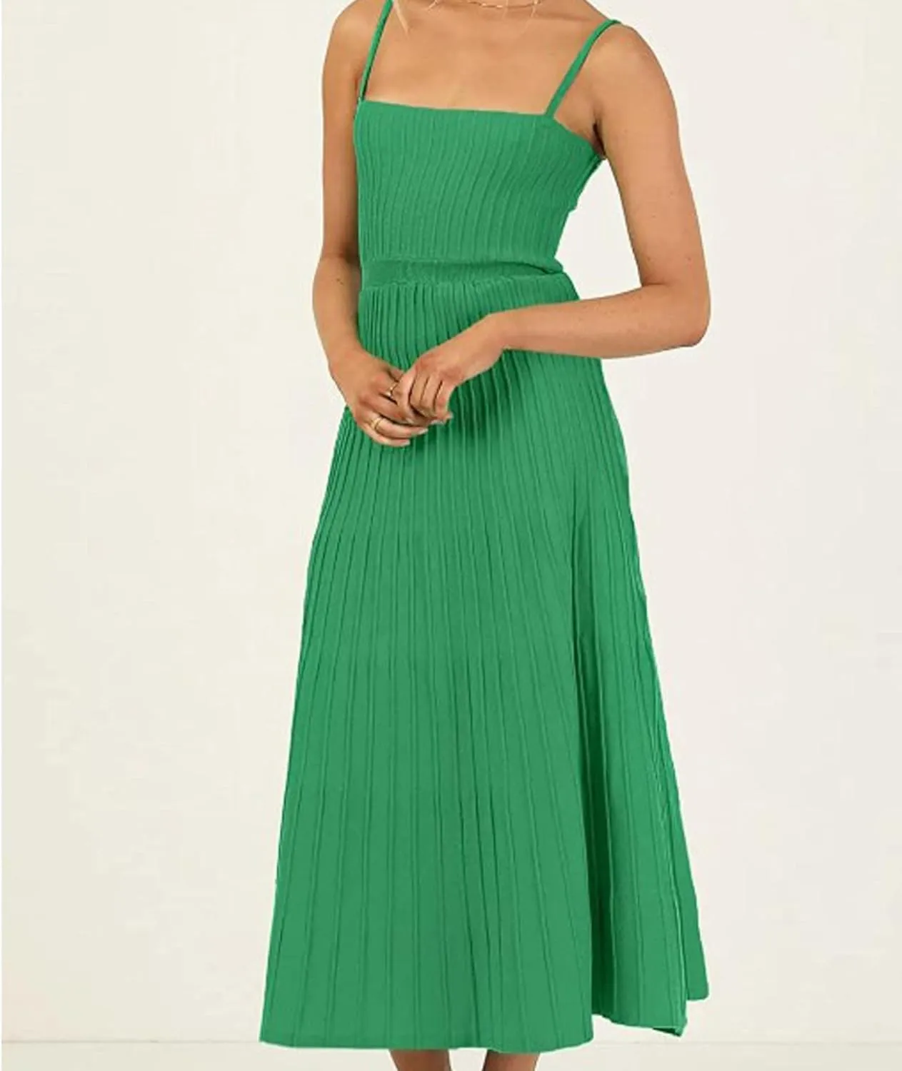 ECDAHICC Women's Ribbed Knit Maxi Dress Elegant Spaghetti Straps Square Neck Pleated A Line Party Long Sling Sundress