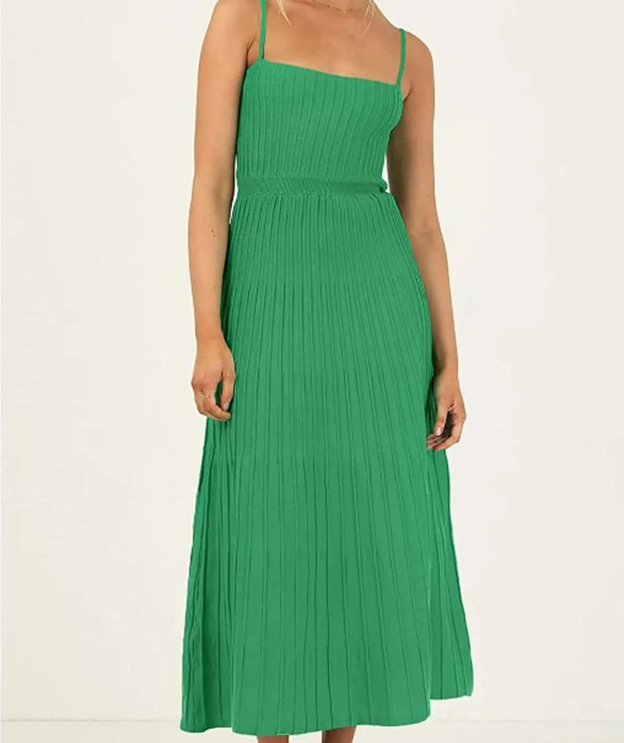 ECDAHICC Women's Ribbed Knit Maxi Dress Elegant Spaghetti Straps Square Neck Pleated A Line Party Long Sling Sundress