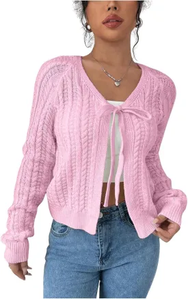 GORGLITTER Women's White Cropped Cardigan Tie Front Cardigan Cable Knit Sweater