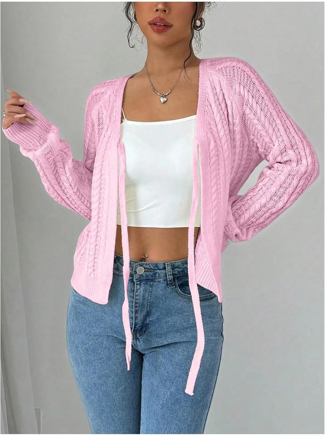 GORGLITTER Women's White Cropped Cardigan Tie Front Cardigan Cable Knit Sweater