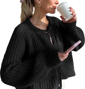 Hixiaohe Cardigan Sweater for Women Long Sleeve Button Y2K Chunky Knit Sweater Fall Casual Open Front Outwear Knitwear Coat