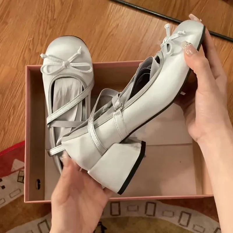 Hnzxzm New Designers Women Mary Jane Shoes Fashion Butterfly-knot Shallow Thick Heel Shoes Ladies Elegant Round Toe Pumps Shoes