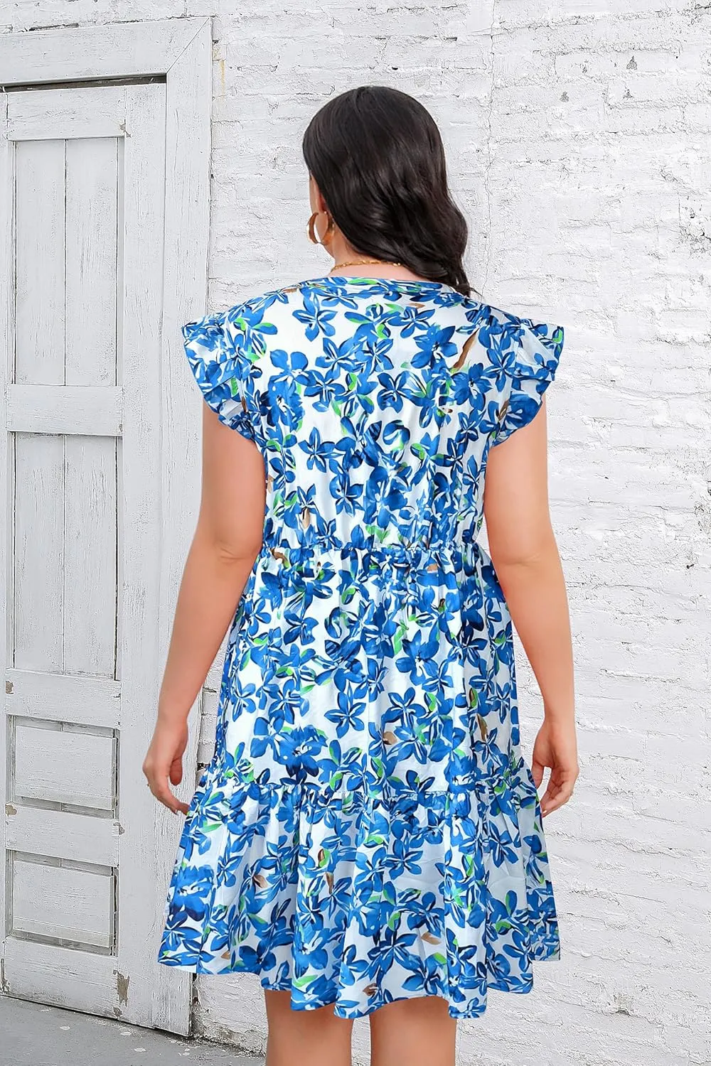 IN'VOLAND Women Plus Size Summer Dresses for Women Beach Floral Short Ruffle Sleeve Dress with Pockets