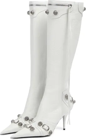 Kluolandi Women's Stiletto High Heel Knee High Boots with Tassel Pointy Toe Studded Zipper Booties Dress Shoes