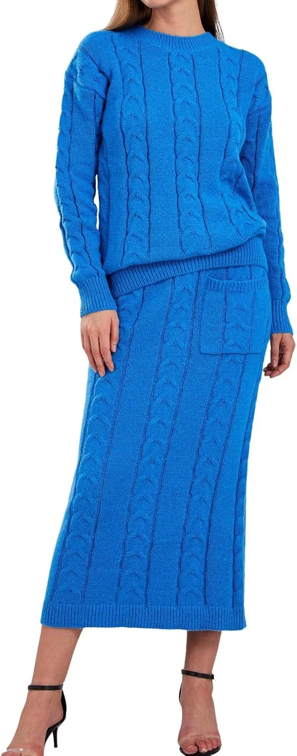 loveimgs Women's Trendy Chunky Cable Knit Long Skirt 2 Piece Outfit Sweater Sets