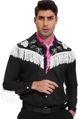 Men Cowboy Costume with Scarf Western Long Sleeve Fringe Shirt for Adult Halloween Cosplay Costume