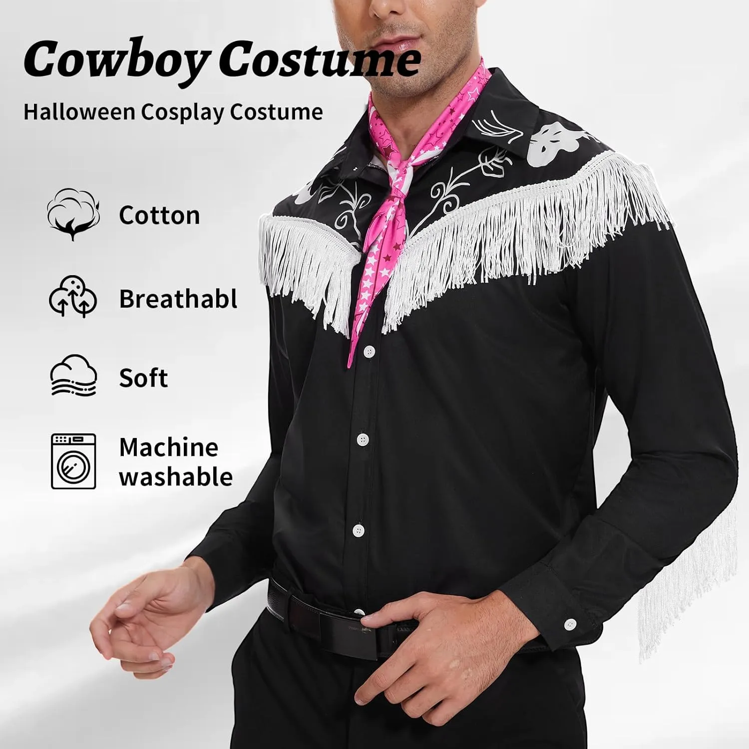 Men Cowboy Costume with Scarf Western Long Sleeve Fringe Shirt for Adult Halloween Cosplay Costume