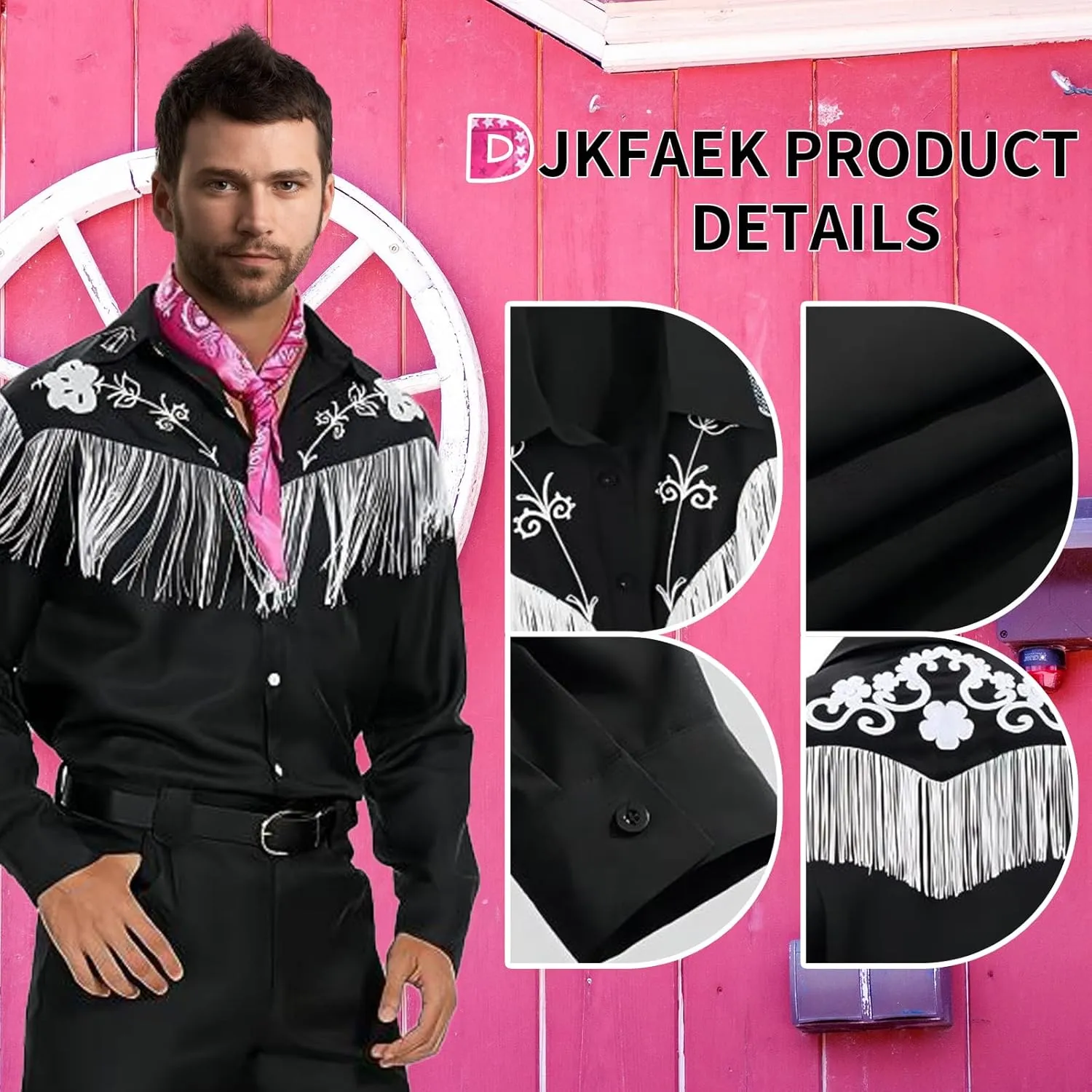 Men Cowboy Costume with Scarf Western Long Sleeve Fringe Shirt for Adult Halloween Cosplay Costume
