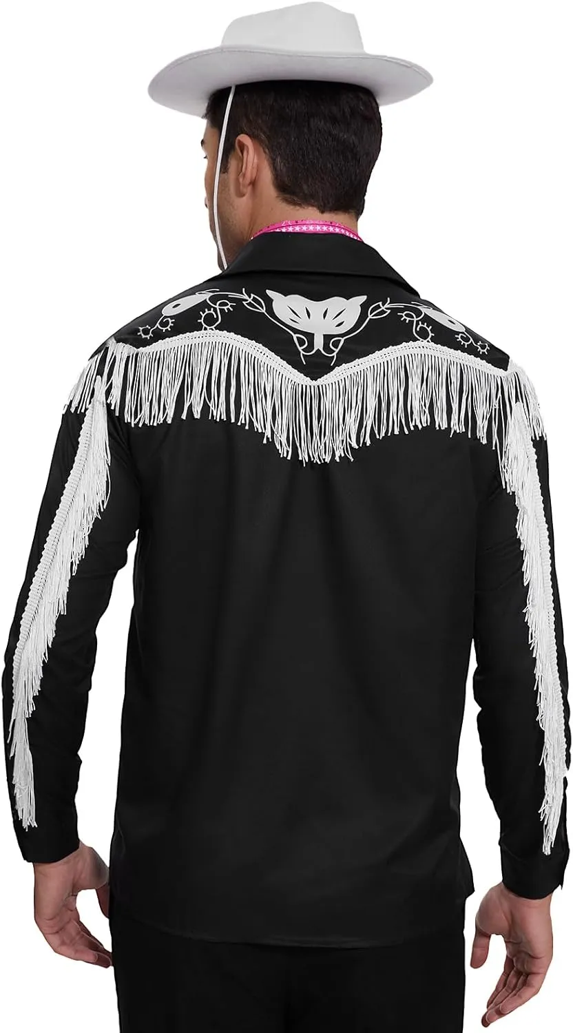 Men Cowboy Costume with Scarf Western Long Sleeve Fringe Shirt for Adult Halloween Cosplay Costume