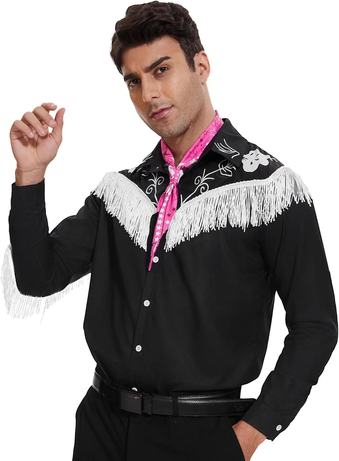 Men Cowboy Costume with Scarf Western Long Sleeve Fringe Shirt for Adult Halloween Cosplay Costume