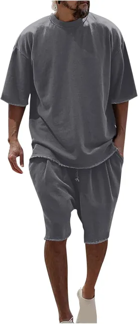 Men's 2 Piece Outfits Casual Tracksuit Cargo Shorts Summer Athletic Drop Shoulder Sleeve Sportwear Set Round-Neck Solid Suits
