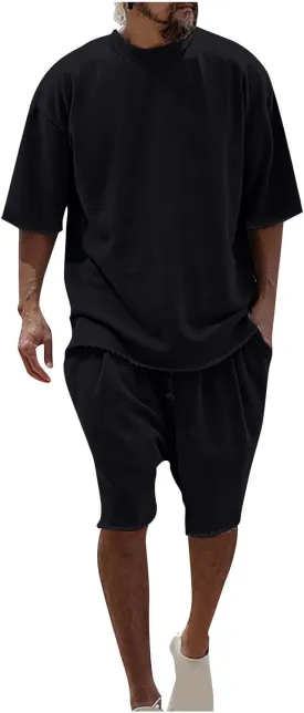 Men's 2 Piece Outfits Casual Tracksuit Cargo Shorts Summer Athletic Drop Shoulder Sleeve Sportwear Set Round-Neck Solid Suits