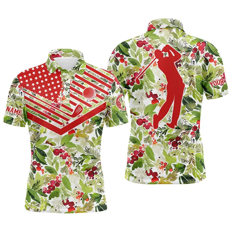 Mens Golf Polo Shirt Christmas Pattern American Flag Custom Name Golf Shirt