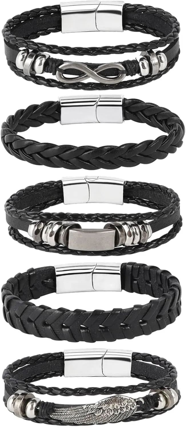 MILAKOO 5 Pcs Braided Leather Bracelets for Men Women Woven Cuff Bracelet Adjustable