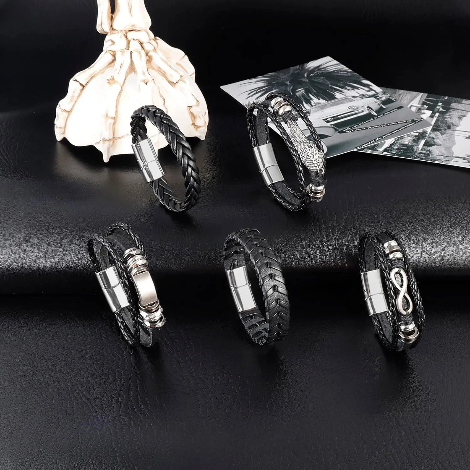 MILAKOO 5 Pcs Braided Leather Bracelets for Men Women Woven Cuff Bracelet Adjustable