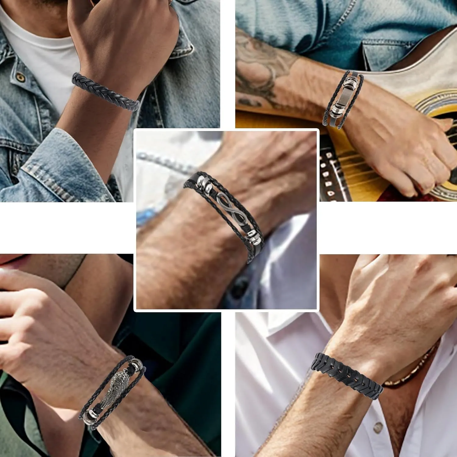 MILAKOO 5 Pcs Braided Leather Bracelets for Men Women Woven Cuff Bracelet Adjustable
