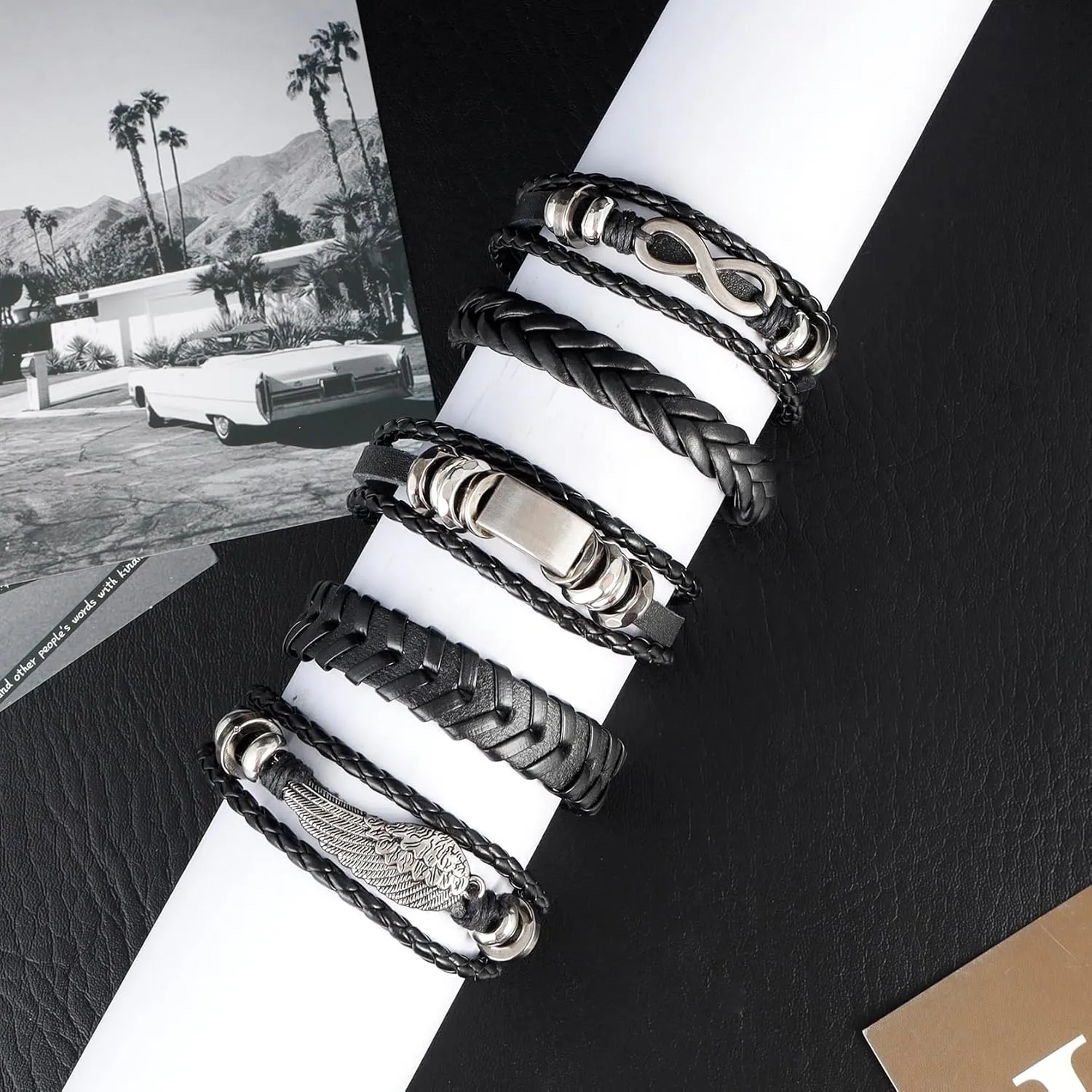 MILAKOO 5 Pcs Braided Leather Bracelets for Men Women Woven Cuff Bracelet Adjustable
