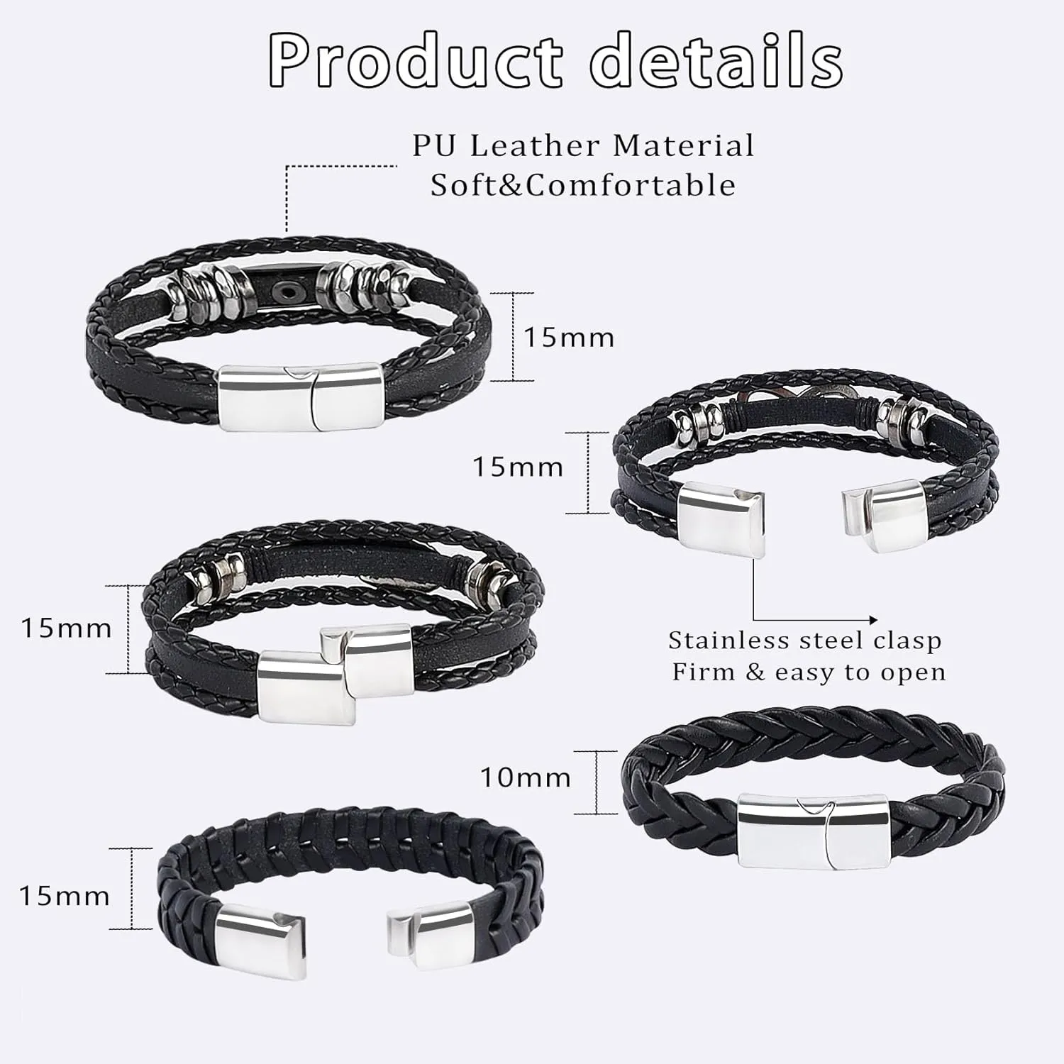MILAKOO 5 Pcs Braided Leather Bracelets for Men Women Woven Cuff Bracelet Adjustable