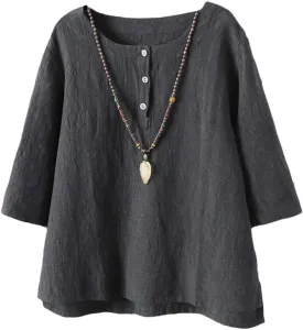 Minibee Women's 3/4 Sleeve Cotton Linen Jacquard Blouses Top T-Shirt