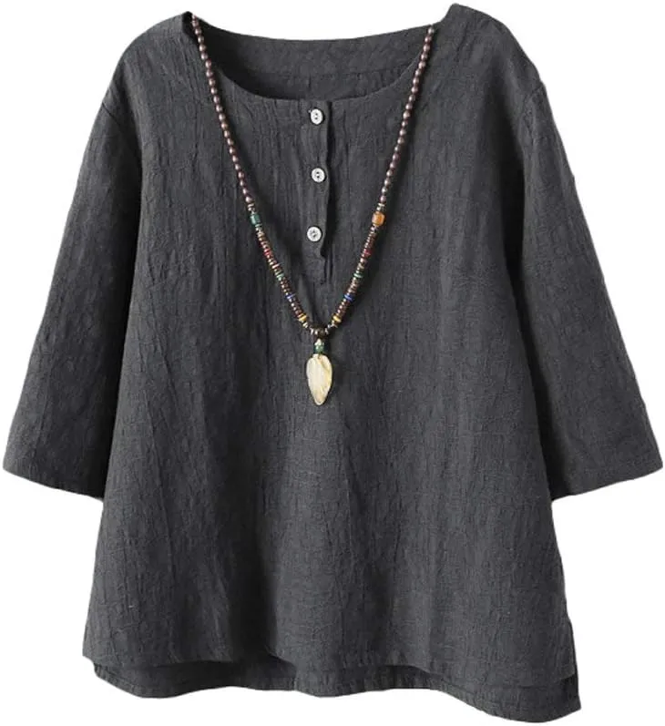 Minibee Women's 3/4 Sleeve Cotton Linen Jacquard Blouses Top T-Shirt