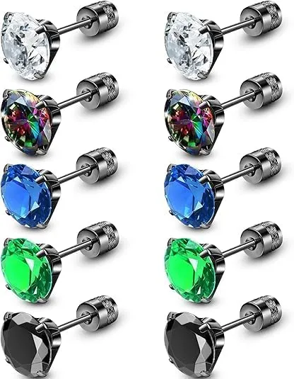 ONESING 5Pairs Screw Back Mens Earrings Stud Surgical Stainless Steel Studs Earrings for Women Men Hypoallergenic Cubic Zirconia Flat Back Screw on Earring for Multiple Piercing