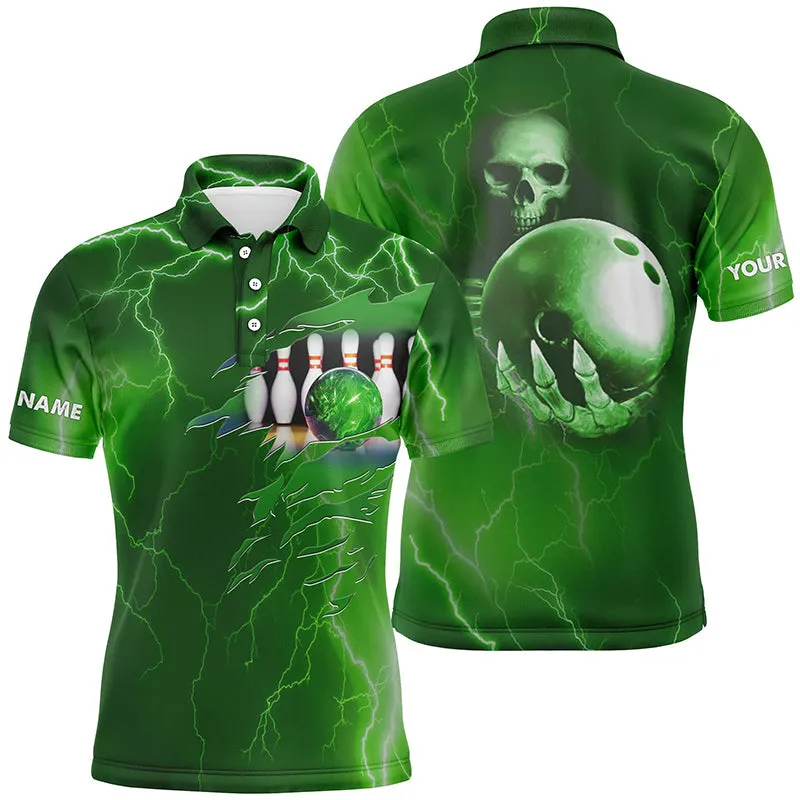 Personalized Bowling Long Sleeve Polo Shirt For Men Green Lightning Thunder Custom Name Team Skull Bowling Jerseys