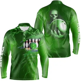 Personalized Bowling Long Sleeve Polo Shirt For Men Green Lightning Thunder Custom Name Team Skull Bowling Jerseys