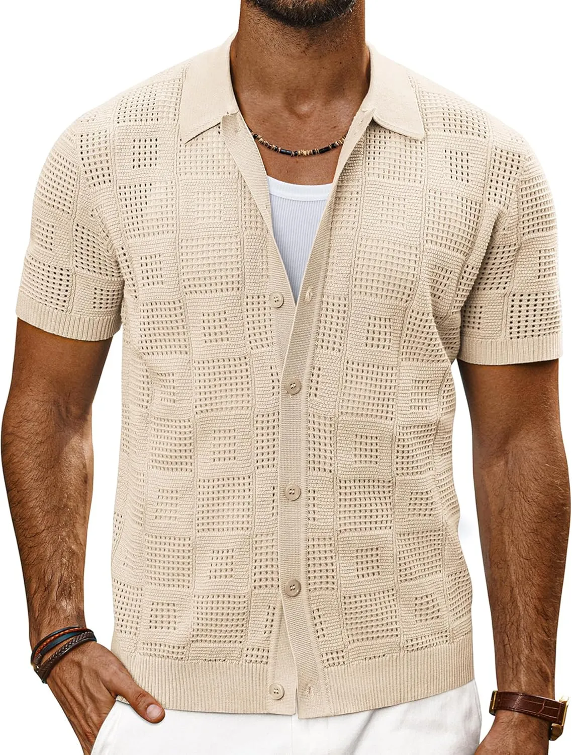 PJ PAUL JONES Men's Knit Button Down Shirts Short Sleeve Vintage Polo Shirt Casual Summer Beach Shirts