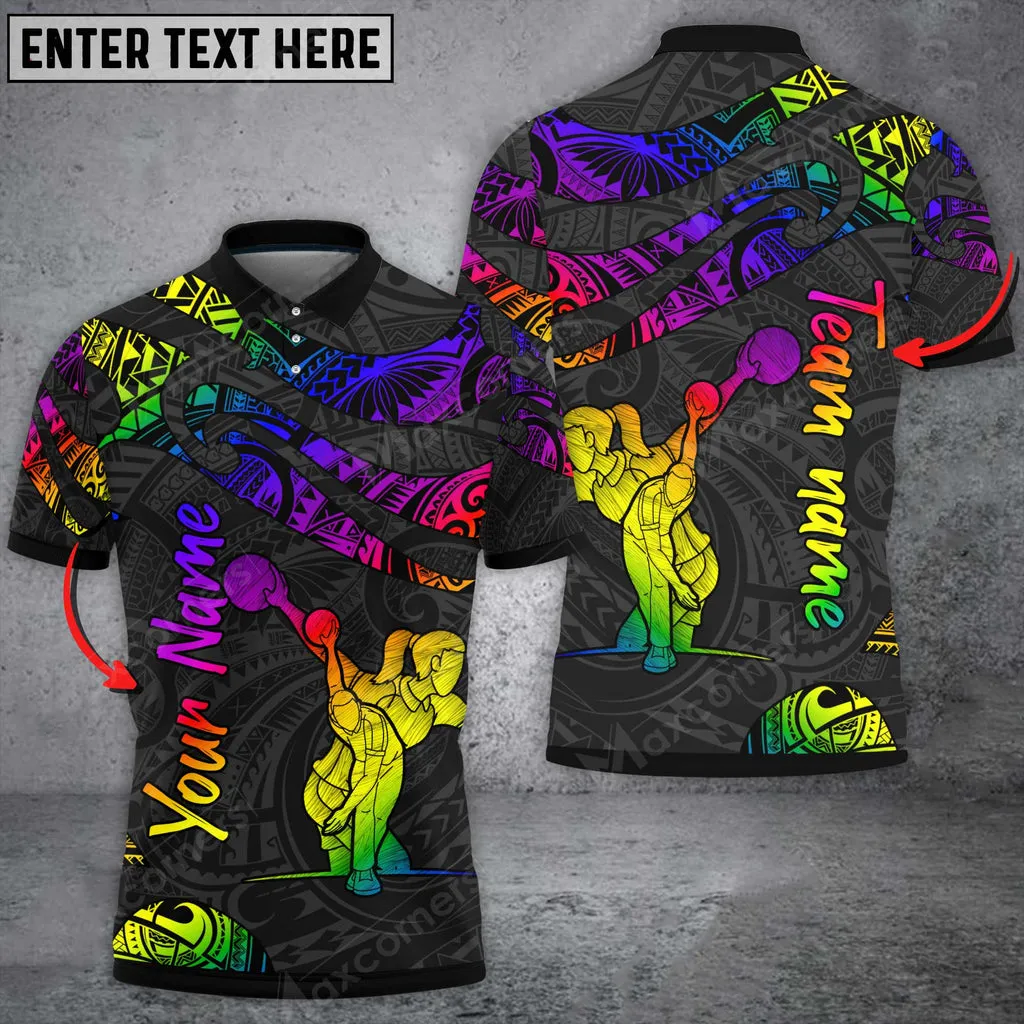 Polynesian Pattern Multi Color Bowling And Pins Multicolor Option Customized Name 3D Polo Shirt