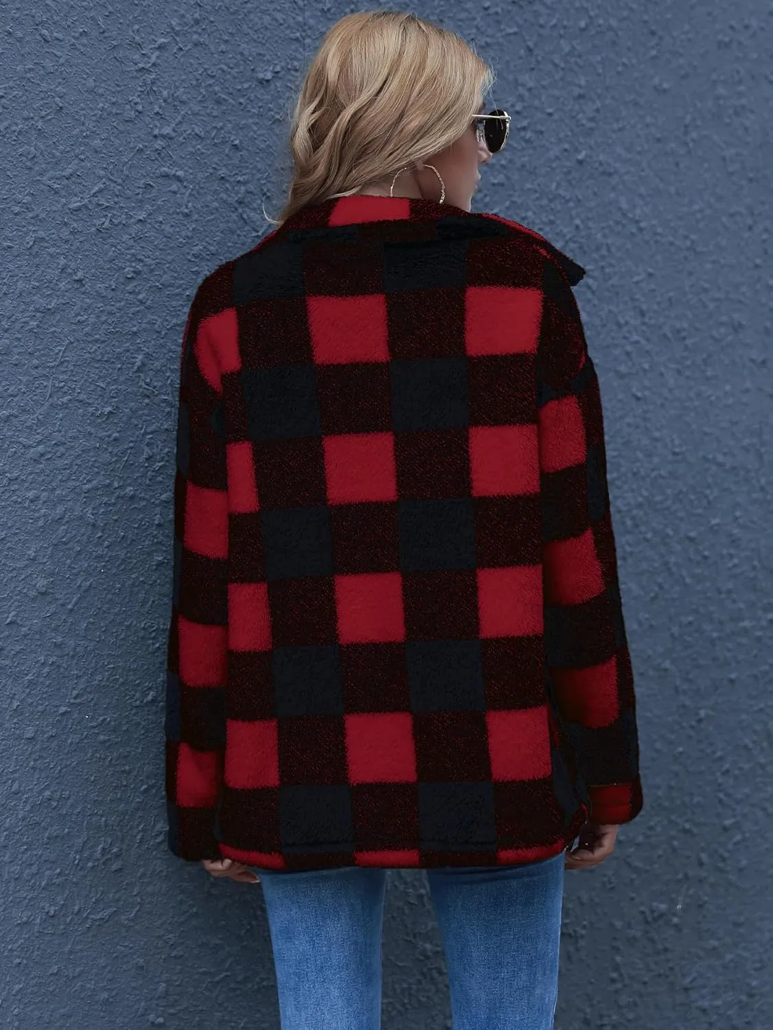 QUCH Sherpa Jacket Women Fuzzy Fleece Winter Coats for Women Shackets for Women 2024 Fashion Casual Warm Gingham Teddy Coat