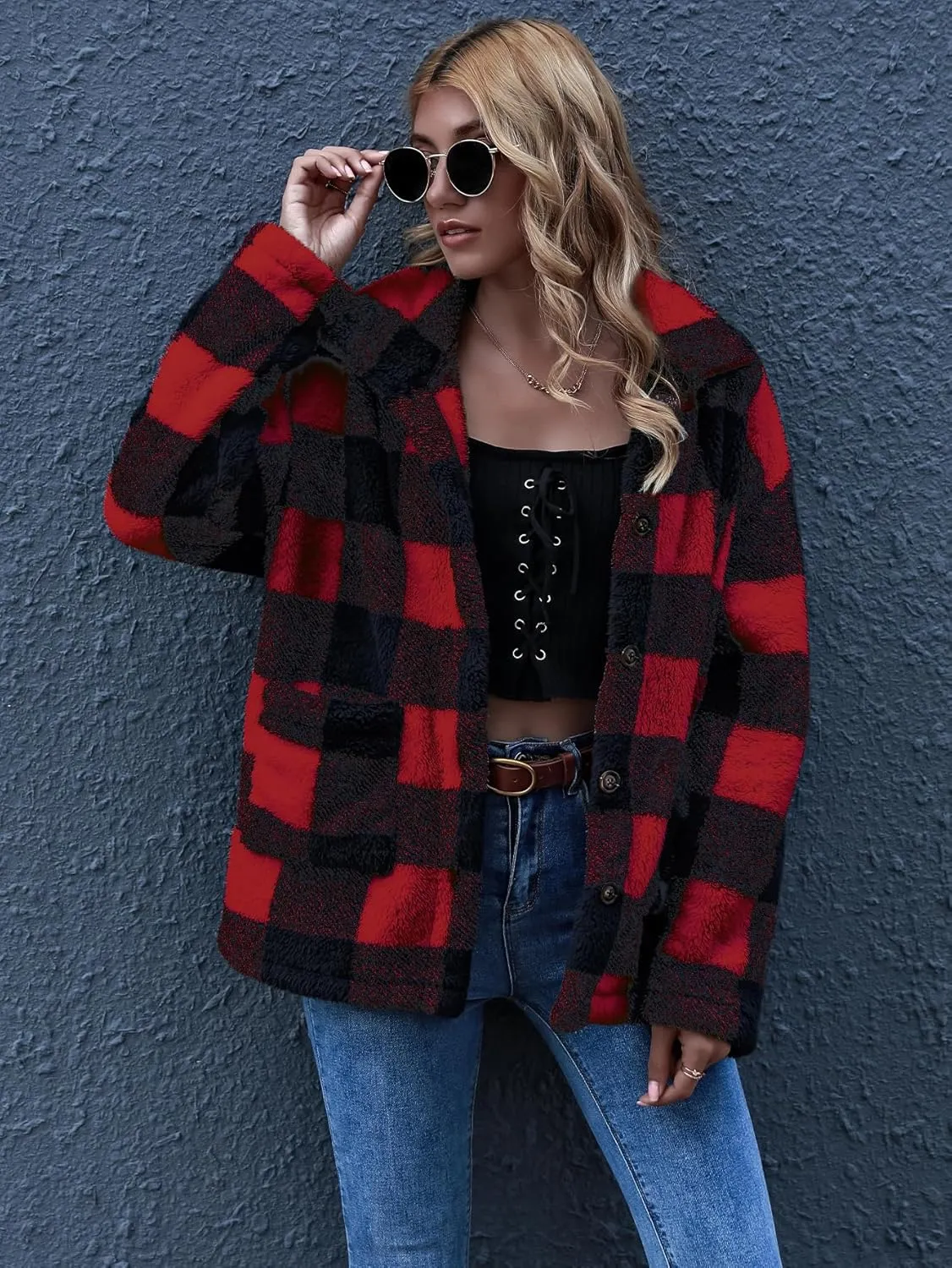 QUCH Sherpa Jacket Women Fuzzy Fleece Winter Coats for Women Shackets for Women 2024 Fashion Casual Warm Gingham Teddy Coat