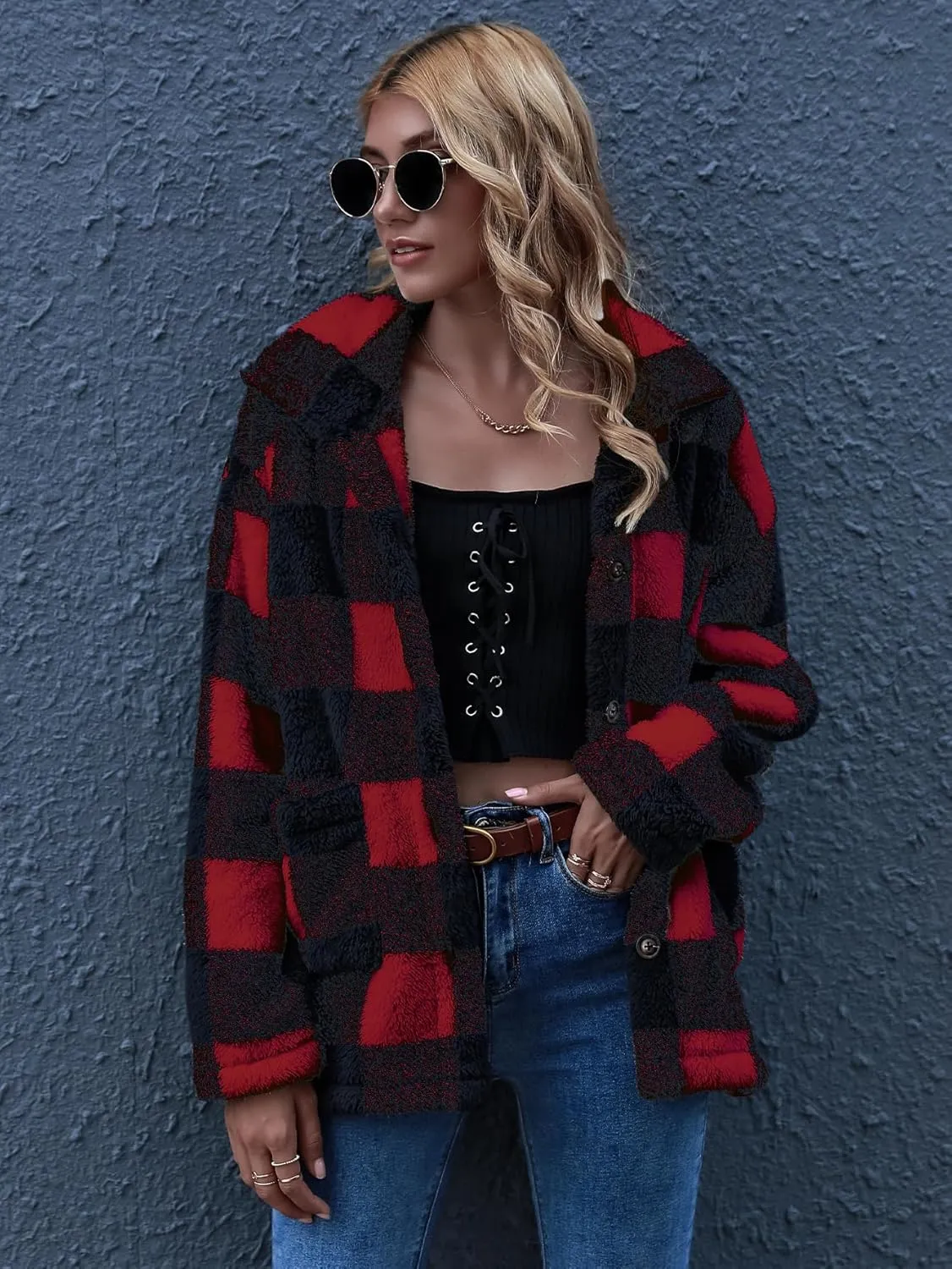 QUCH Sherpa Jacket Women Fuzzy Fleece Winter Coats for Women Shackets for Women 2024 Fashion Casual Warm Gingham Teddy Coat