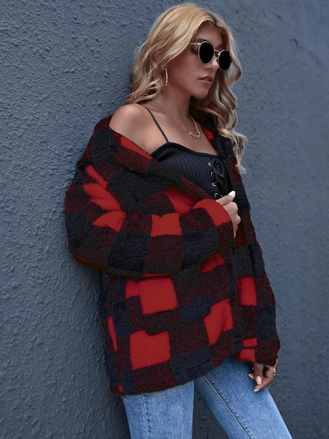 QUCH Sherpa Jacket Women Fuzzy Fleece Winter Coats for Women Shackets for Women 2024 Fashion Casual Warm Gingham Teddy Coat